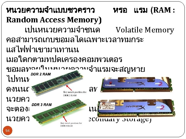 หนวยความจำแบบชวคราว หรอ แรม (RAM : Random Access Memory) เปนหนวยความจำชนด Volatile Memory คอสามารถเกบขอมลไดเฉพาะเวลาทมกระ แสไฟฟาเขามาเทานน เมอใดกตามทปดเครองคอมพวเตอร