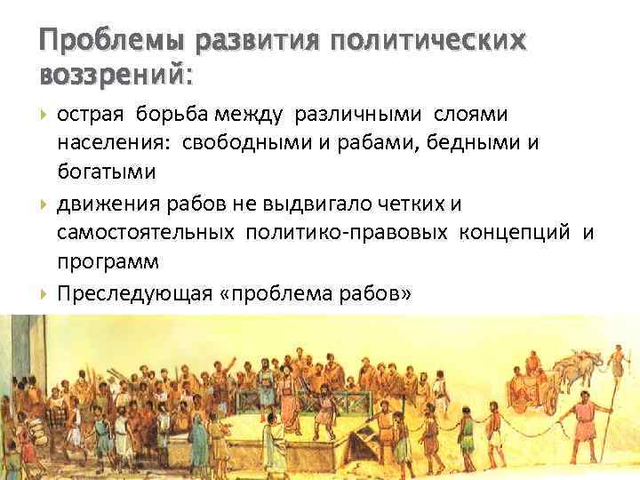 Проблемы развития политических воззрений: острая борьба между различными слоями населения: свободными и рабами, бедными