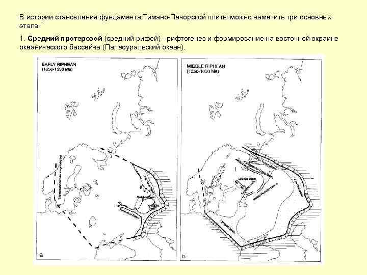 В истории становления фундамента Тимано-Печорской плиты можно наметить три основных этапа: 1. Средний протерозой