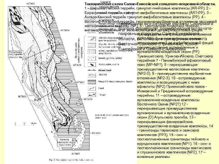 Тектоническая схема Саяно-Енисейской складчато-покровной области. 1 - Шарыжалгайский террейн, гранулит-гнейсовые комплексы (AR-PP), 2 Северо-Енисейский