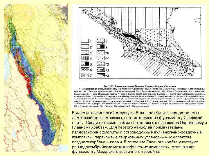 В ядре антиклинорной структуры Большого Кавказа представлены домезозойские комплексы, соответствующие фундаменту Скифской плиты. Среди