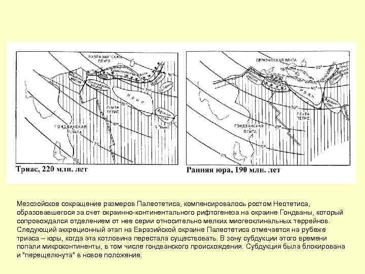 Мезозойское сокращение размеров Палеотетиса, компенсировалось ростом Неотетиса, образовавшегося за счет окраинно-континентального рифтогенеза на окраине