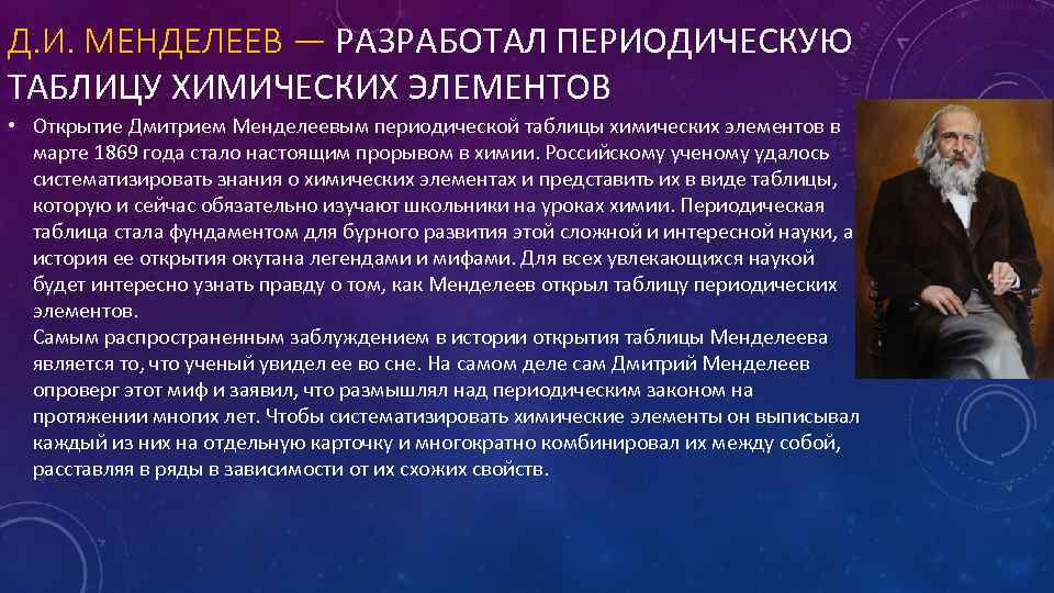 Д. И. МЕНДЕЛЕЕВ — РАЗРАБОТАЛ ПЕРИОДИЧЕСКУЮ ТАБЛИЦУ ХИМИЧЕСКИХ ЭЛЕМЕНТОВ • Открытие Дмитрием Менделеевым периодической