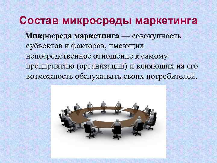 Состав микросреды маркетинга Микросреда маркетинга — совокупность субъектов и факторов, имеющих непосредственное отношение к