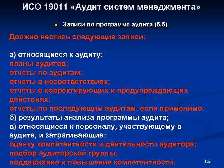 ИСО 19011 «Аудит систем менеджмента» n Записи по программе аудита (5. 5) Должно вестись