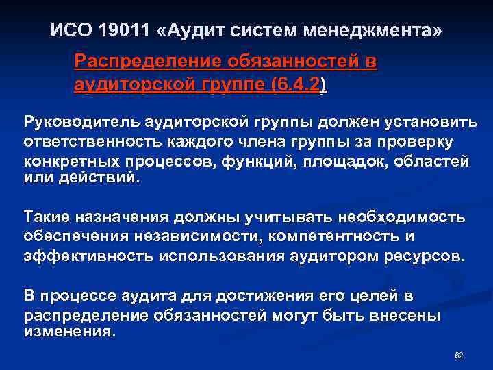 ИСО 19011 «Аудит систем менеджмента» Распределение обязанностей в аудиторской группе (6. 4. 2) Руководитель