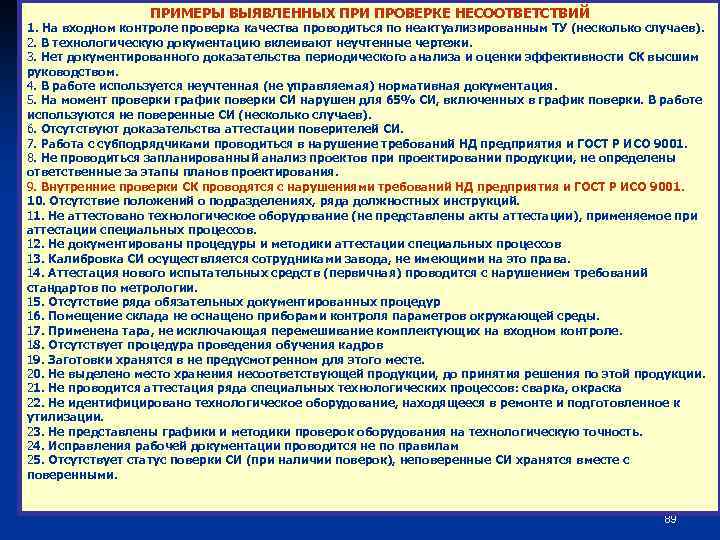 ПРИМЕРЫ ВЫЯВЛЕННЫХ ПРИ ПРОВЕРКЕ НЕСООТВЕТСТВИЙ 1. На входном контроле проверка качества проводиться по неактуализированным