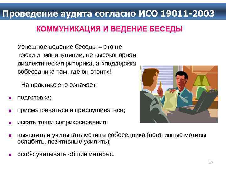 Проведение аудита ИСО 19011 -2003 Проведение аудита согласно ИСО 19011 КОММУНИКАЦИЯ И ВЕДЕНИЕ БЕСЕДЫ