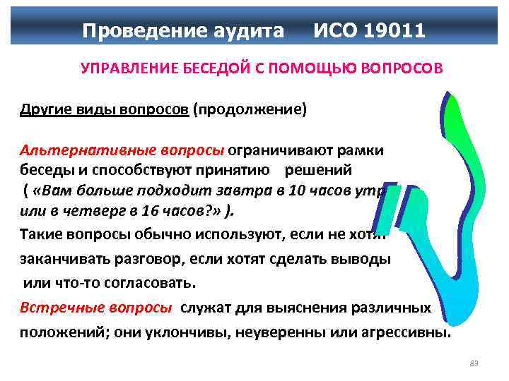 Проведение аудита ИСО 19011 УПРАВЛЕНИЕ БЕСЕДОЙ С ПОМОЩЬЮ ВОПРОСОВ Другие виды вопросов (продолжение) Альтернативные