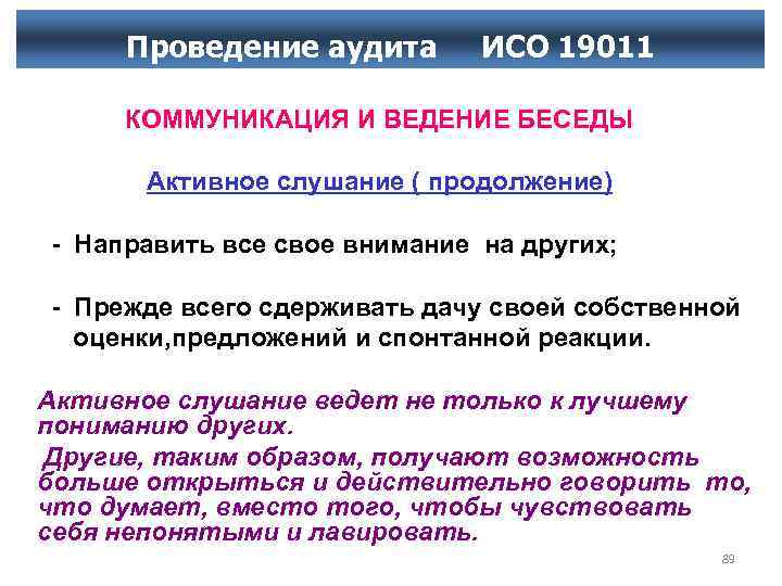 Проведение аудита ИСО 19011 КОММУНИКАЦИЯ И ВЕДЕНИЕ БЕСЕДЫ Активное слушание ( продолжение) Направить все