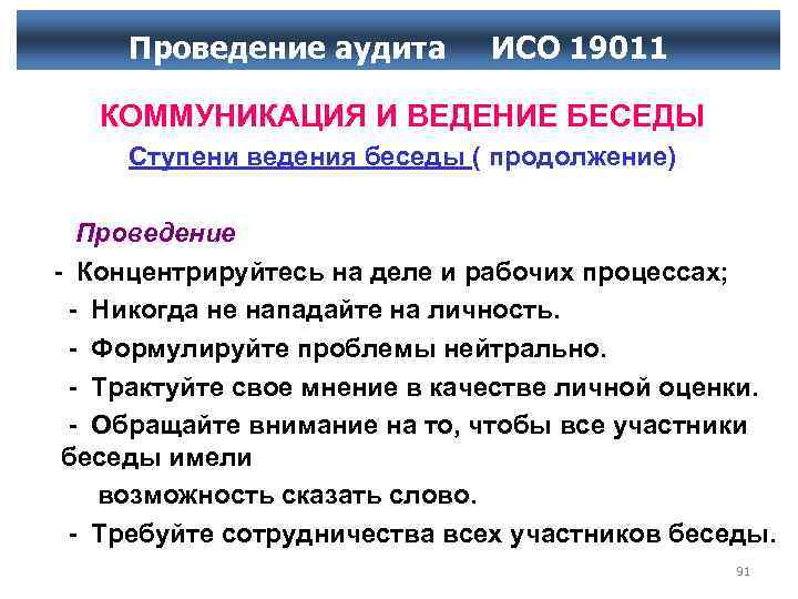 Проведениеаудита ИСО 19011 Проведение аудита ИСО КОММУНИКАЦИЯ И ВЕДЕНИЕ БЕСЕДЫ Ступени ведения беседы (