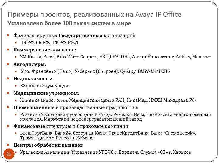Примеры проектов, реализованных на Avaya IP Office Установлено более 100 тысяч систем в мире