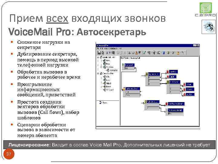 Прием всех входящих звонков Voice. Mail Pro: Автосекретарь Снижение нагрузки на секретаря Дублирование секретаря,