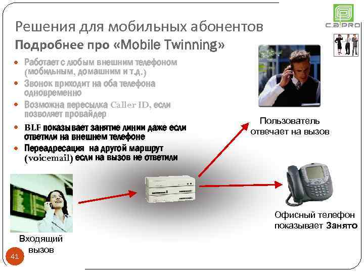 Решения для мобильных абонентов Подробнее про «Mobile Twinning» Работает с любым внешним телефоном (мобильным,