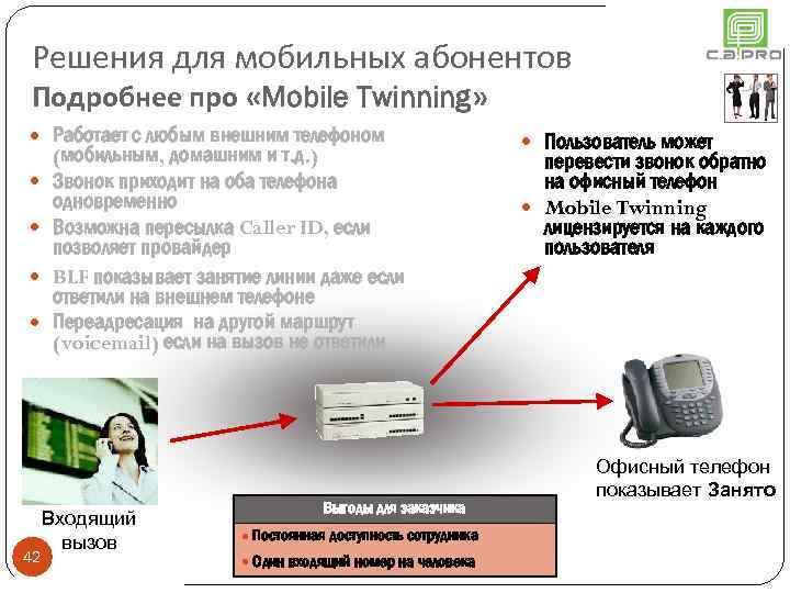 Решения для мобильных абонентов Подробнее про «Mobile Twinning» Работает с любым внешним телефоном 42