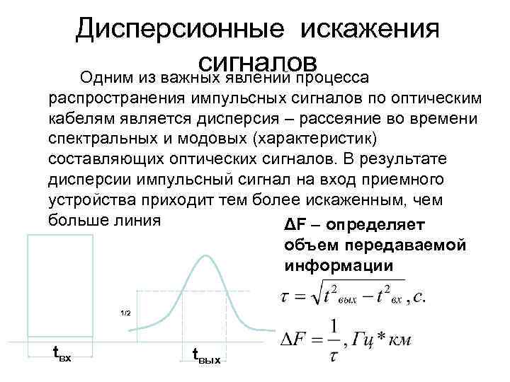 Дисперсионные искажения сигналов Одним из важных явлений процесса распространения импульсных сигналов по оптическим кабелям