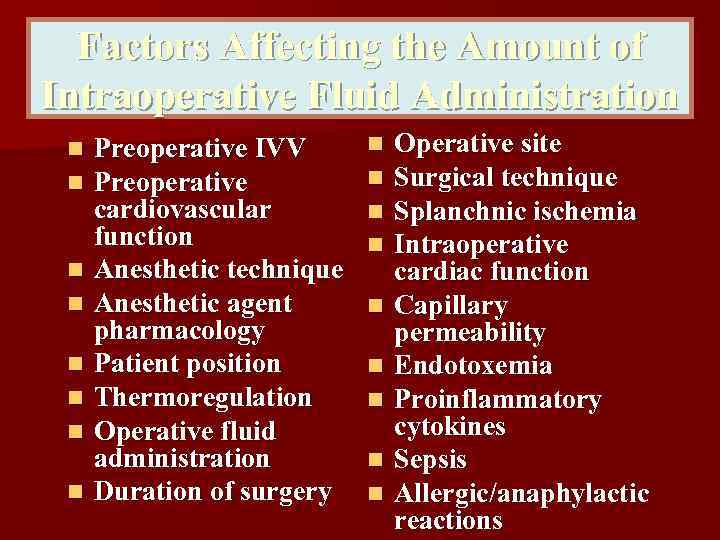 Factors Affecting the Amount of Intraoperative Fluid Administration n n n n Preoperative IVV