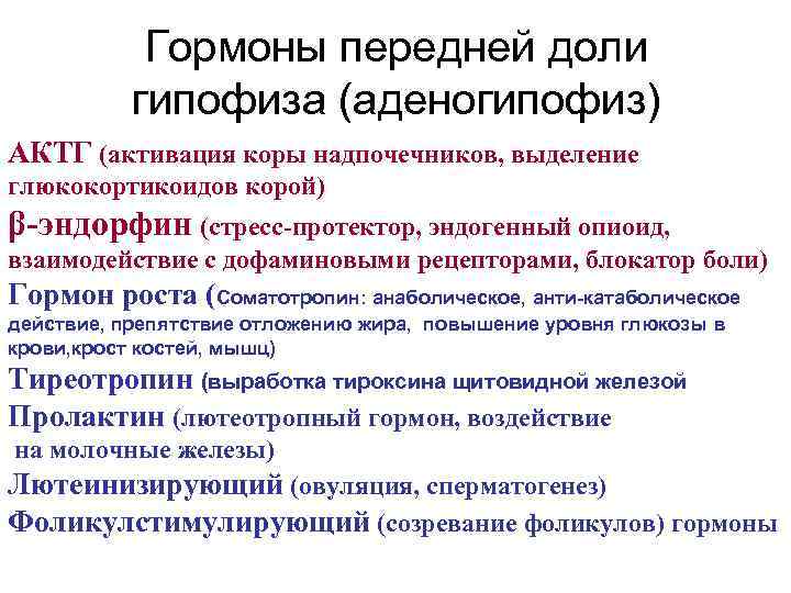 Гормоны передней доли гипофиза (аденогипофиз) АКТГ (активация коры надпочечников, выделение глюкокортикоидов корой) β-эндорфин (стресс-протектор,