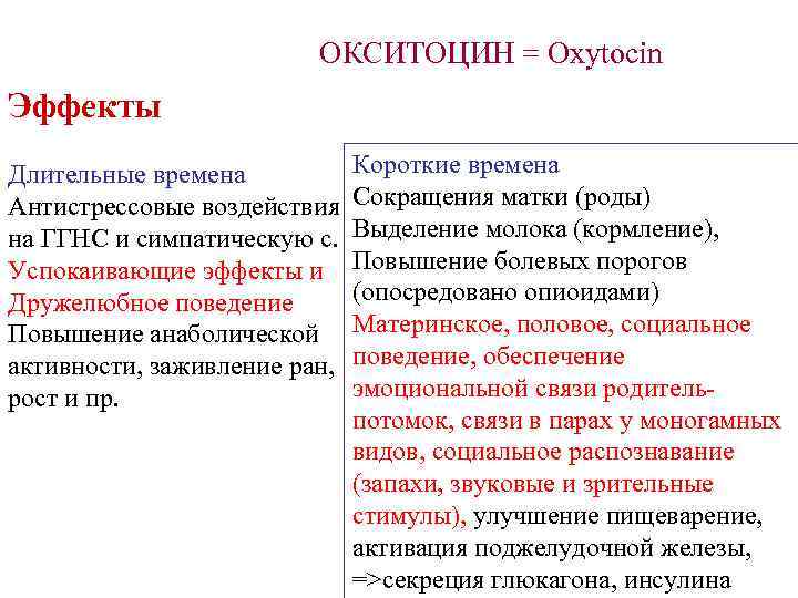 ОКСИТОЦИН = Oxytocin Эффекты Длительные времена Антистрессовые воздействия на ГГНС и симпатическую с. Успокаивающие