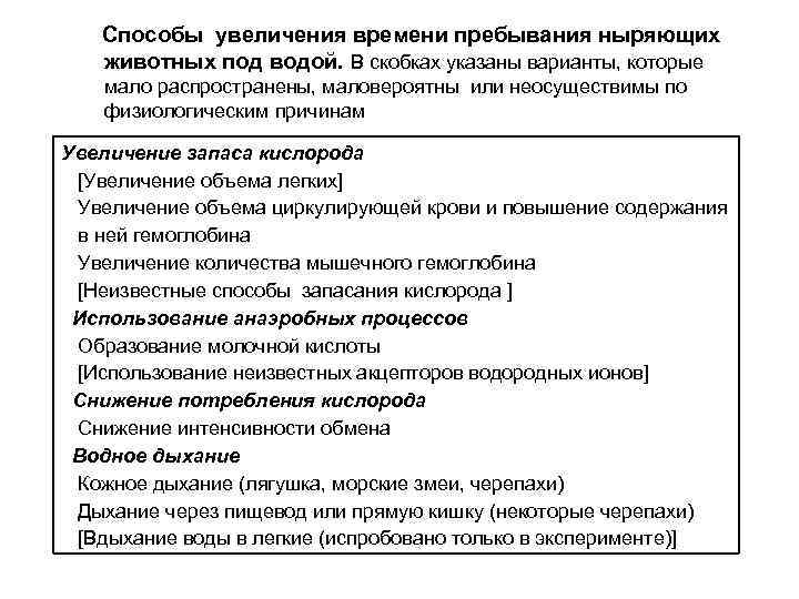 Способы увеличения времени пребывания ныряющих животных под водой. В скобках указаны варианты, которые мало