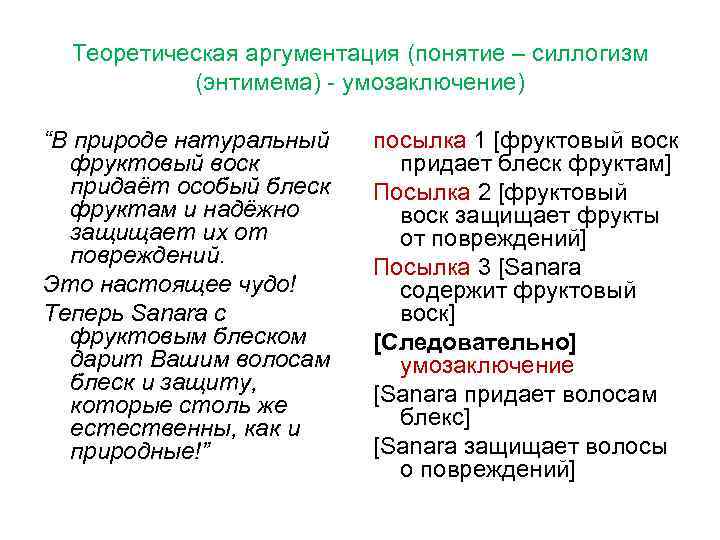 Теоретическая аргументация (понятие – силлогизм (энтимема) - умозаключение) “В природе натуральный фруктовый воск придаёт