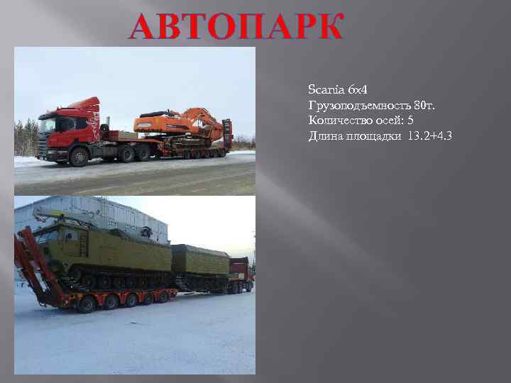 АВТОПАРК Scania 6 x 4 Грузоподъемность 80 т. Количество осей: 5 Длина площадки 13.