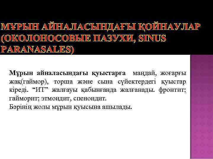 МҰРЫН АЙНАЛАСЫНДАҒЫ ҚОЙНАУЛАР (ОКОЛОНОСОВЫЕ ПАЗУХИ, SINUS PARANASALES) Мұрын айналасындағы қуыстарға маңдай, жоғарғы жақ(гаймор), торша
