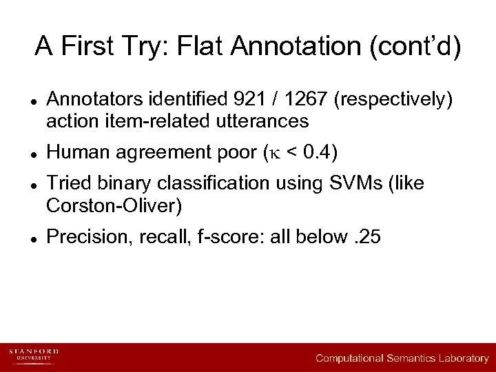 A First Try: Flat Annotation (cont’d) l l Annotators identified 921 / 1267 (respectively)