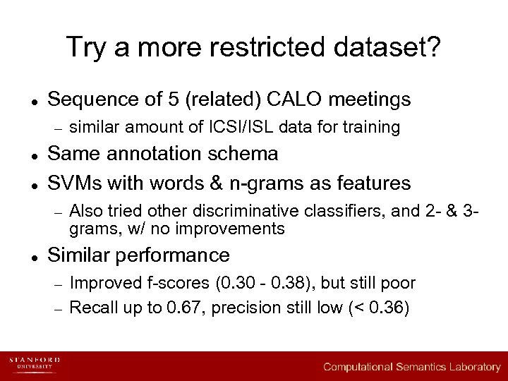 Try a more restricted dataset? l Sequence of 5 (related) CALO meetings – l