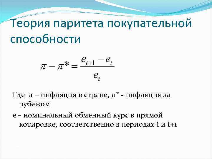 Теория паритета покупательной способности Где π – инфляция в стране, π* - инфляция за