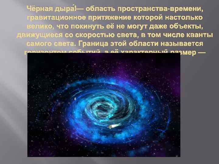 Чёрная дыра — область пространства-времени, гравитационное притяжение которой настолько велико, что покинуть её не