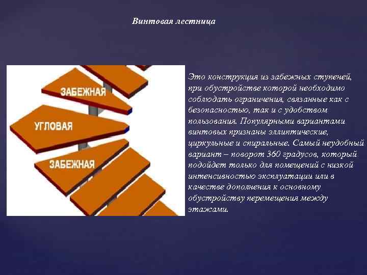 Винтовая лестница Это конструкция из забежных ступеней, при обустройстве которой необходимо соблюдать ограничения, связанные