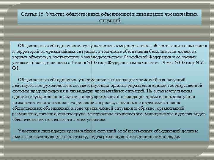 Статья 15. Участие общественных объединений в ликвидации чрезвычайных ситуаций Общественные объединения могут участвовать в