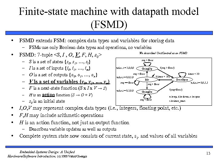 Finite-state machine with datapath model (FSMD) • FSMD extends FSM: complex data types and