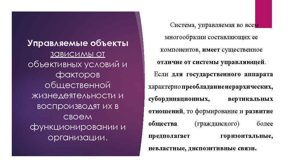 Система, управляемая во всем Управляемые объекты зависимы от объективных условий и факторов общественной жизнедеятельности