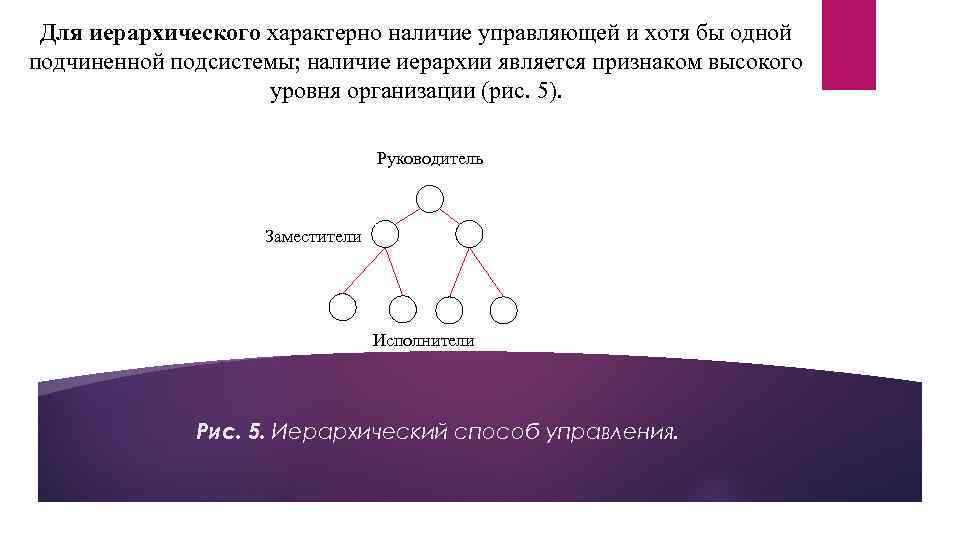 Для иерархического характерно наличие управляющей и хотя бы одной подчиненной подсистемы; наличие иерархии является