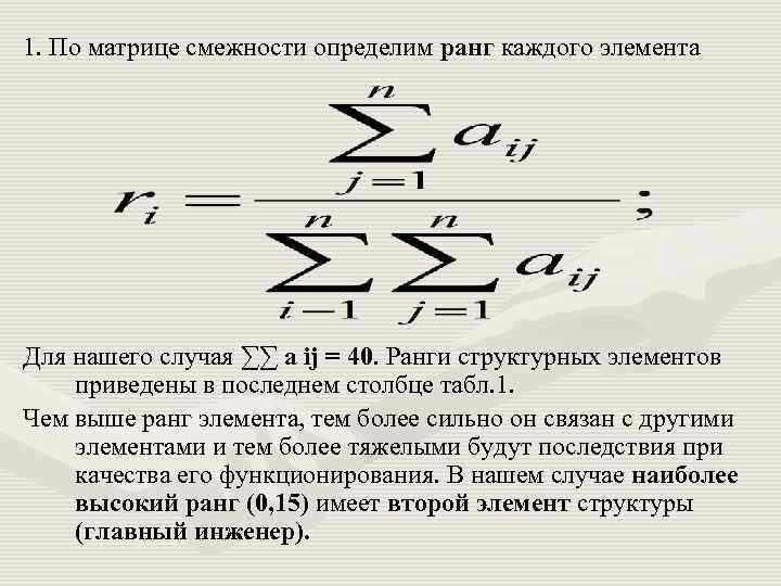 1. По матрице смежности определим ранг каждого элемента Для нашего случая ∑∑ a ij