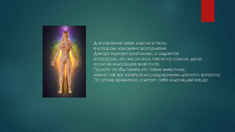 Для изучения связи мысли и тела, в котором заложено восприятие Декарт изучает анатомию, и