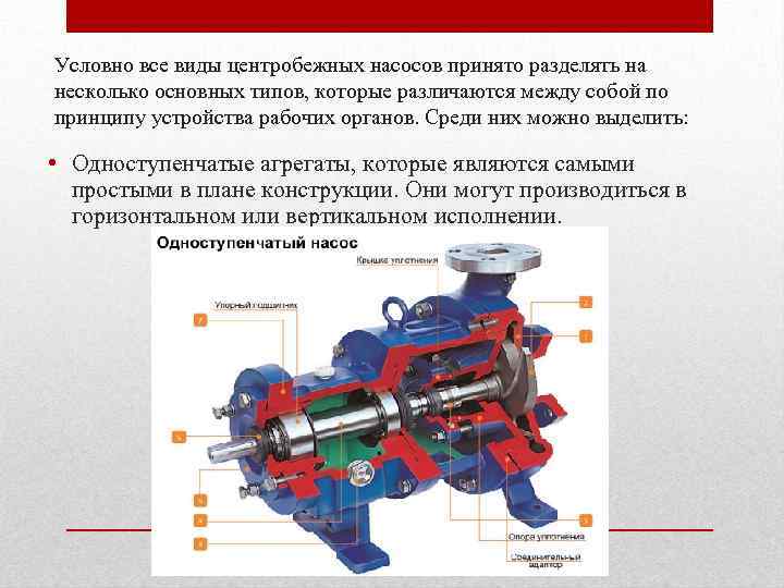 Условно все виды центробежных насосов принято разделять на несколько основных типов, которые различаются между