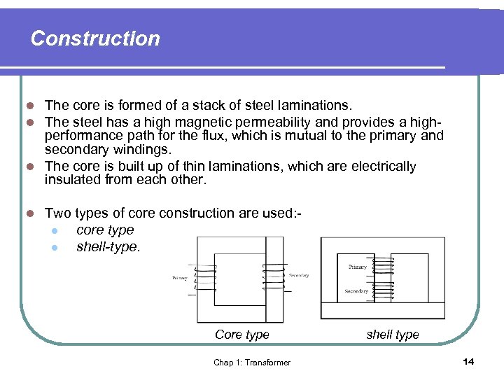 Construction The core is formed of a stack of steel laminations. The steel has