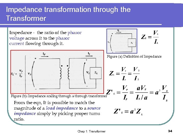 Impedance transformation through the Transformer Impedance - the ratio of the phasor voltage across