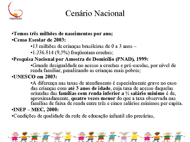 Cenário Nacional • Temos três milhões de nascimentos por ano; • Censo Escolar de