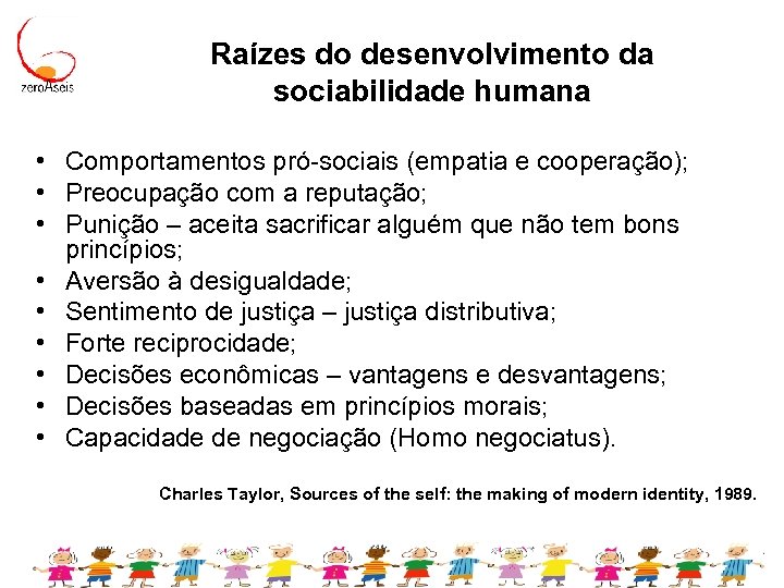 Raízes do desenvolvimento da sociabilidade humana • Comportamentos pró-sociais (empatia e cooperação); • Preocupação