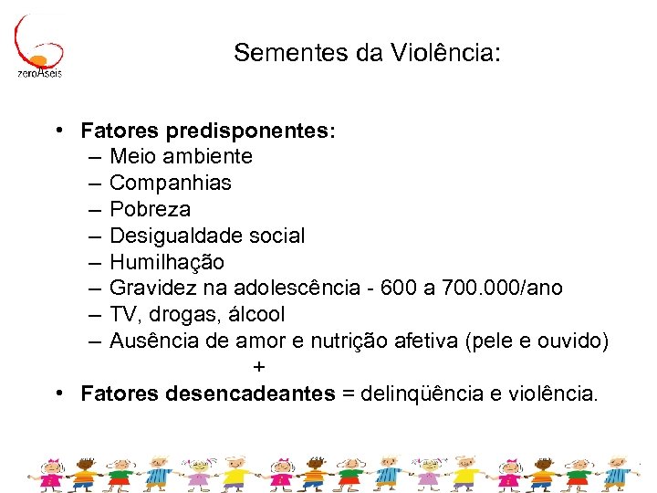 Sementes da Violência: • Fatores predisponentes: – Meio ambiente – Companhias – Pobreza –