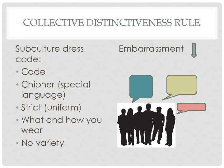 COLLECTIVE DISTINCTIVENESS RULE Subculture dress code: • Code • Chipher (special language) • Strict