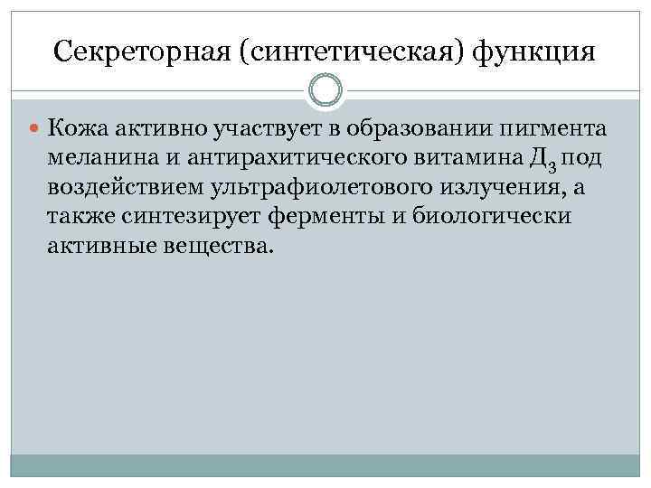 Секреторная (синтетическая) функция Кожа активно участвует в образовании пигмента меланина и антирахитического витамина Д