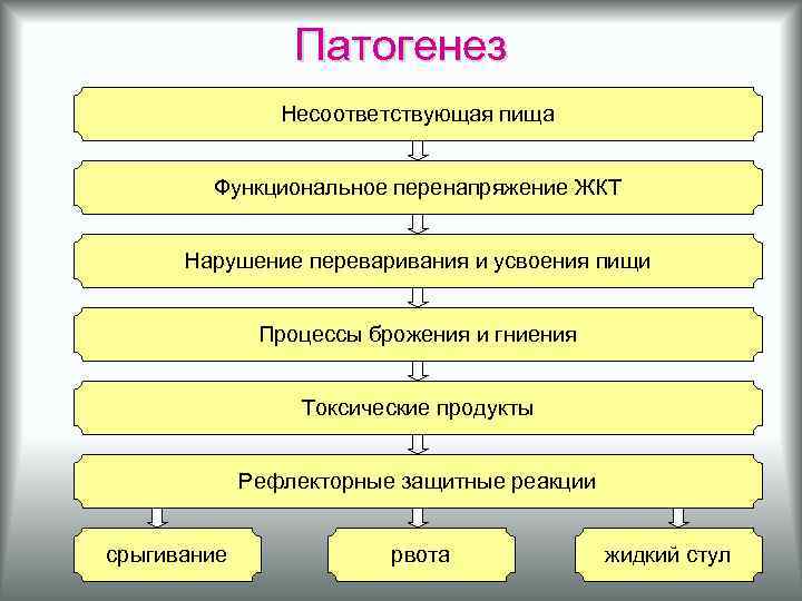 Патогенез Несоответствующая пища Функциональное перенапряжение ЖКТ Нарушение переваривания и усвоения пищи Процессы брожения и