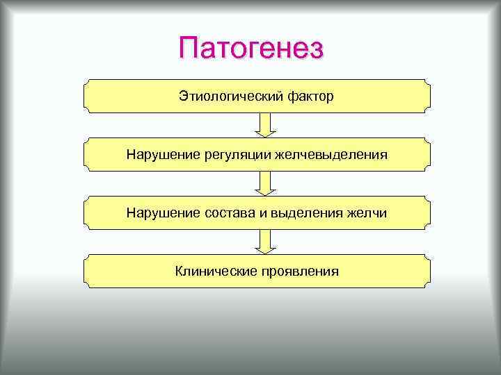 Патогенез Этиологический фактор Нарушение регуляции желчевыделения Нарушение состава и выделения желчи Клинические проявления 