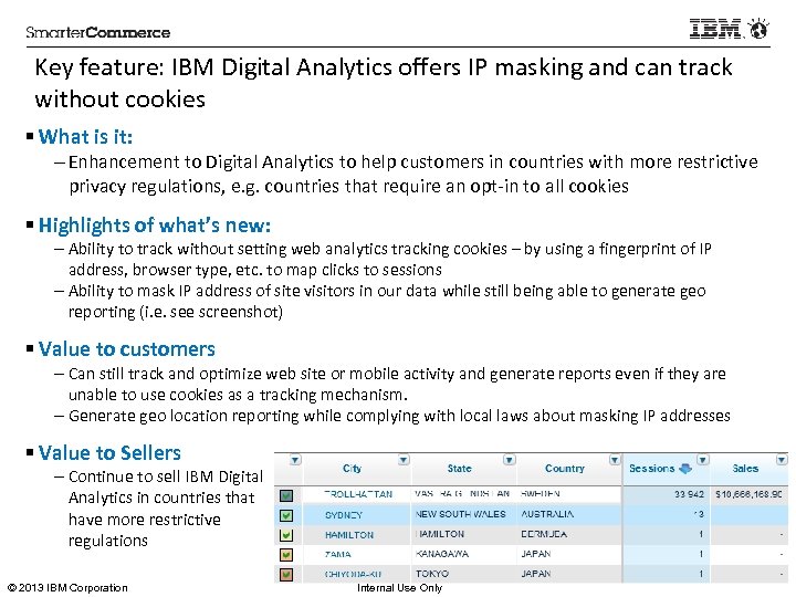 Key feature: IBM Digital Analytics offers IP masking and can track without cookies §