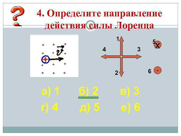 4. Определите направление действия силы Лоренца 65 1 4 5 3 6 2 а)